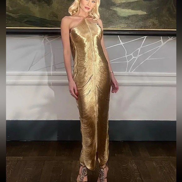 Sexy Hanging Neck Metallic Short Dress - Picture 3 of 5